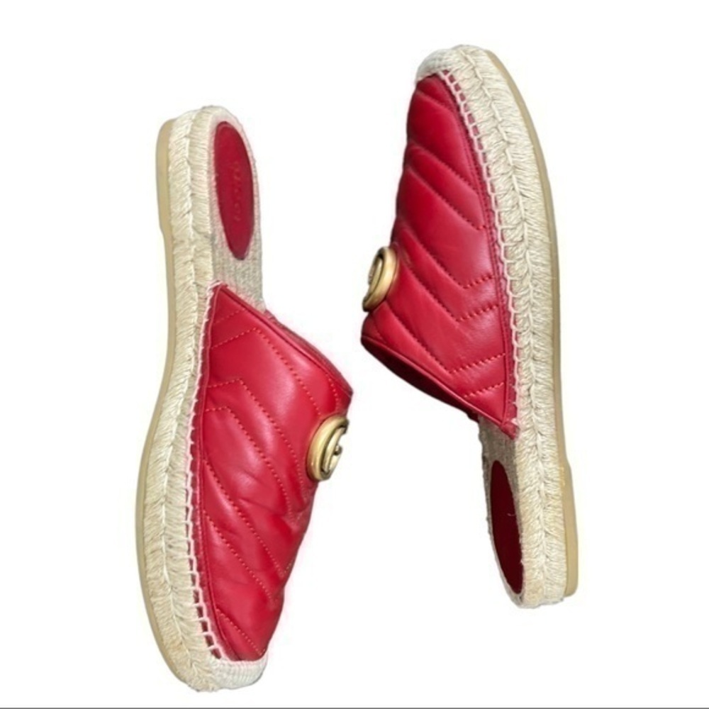 GUCCI Nappa Charlotte Hibiscus Red Leather GG Marmont Espadrille Mules Size 39.5 - Picture 4 of 7